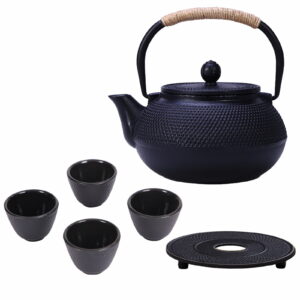 Black Cast Iron Tea Set – 900ml Teapot with Trivet, 4 Cups, Infuser & Gift Box