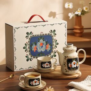 French Vintage Camellia Tea Set Gift Box – Porcelain Teapot & Cups for Two, Elegant Afternoon Tea