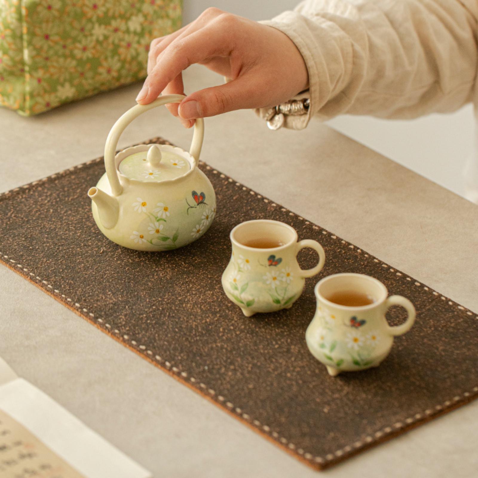 Hand-Painted Oil Daisy Ceramic Tea Set – 150ml Teapot, 2 Cups & Portable Carrying Pouch, Ideal for Afternoon Tea, Office & Gifts - Image 2