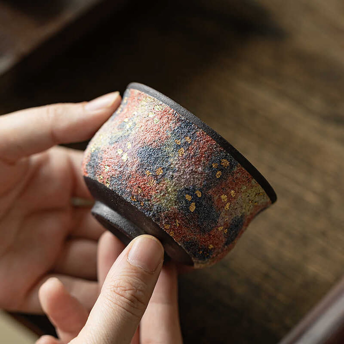 Colorful Rock Mine Ceramic Teacup – Handmade Rustic Gongfu Tea Cup - Image 4