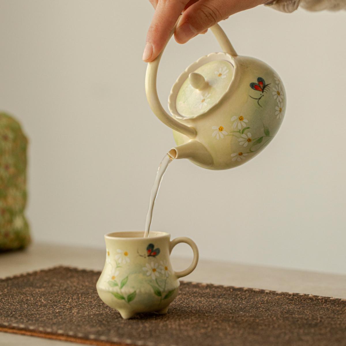 Hand-Painted Oil Daisy Ceramic Tea Set – 150ml Teapot, 2 Cups & Portable Carrying Pouch, Ideal for Afternoon Tea, Office & Gifts - Image 3