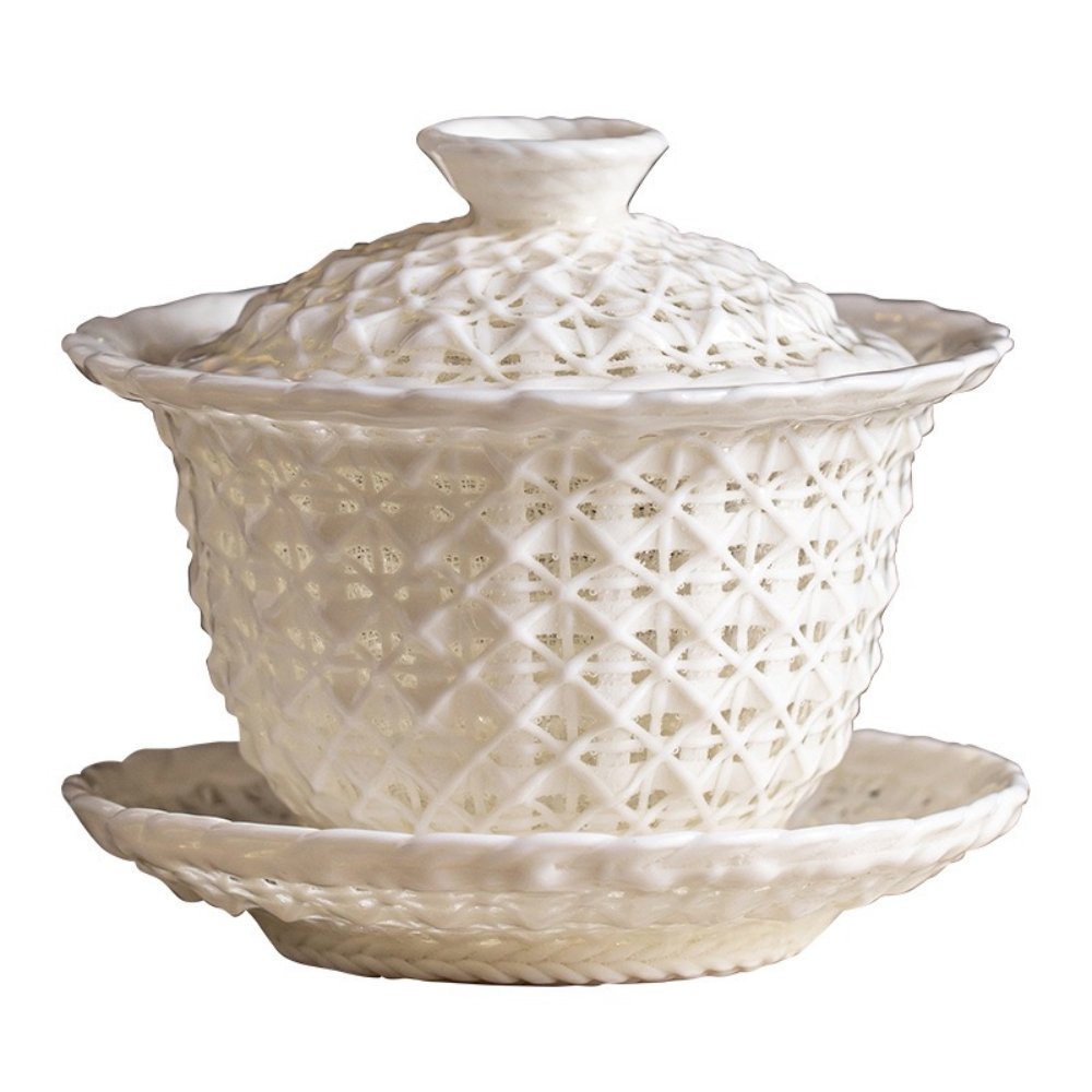 Handmade Linglong Woven Three-Piece Gaiwan 160ml White Ceramic Gongfu Tea Bowl - Image 6