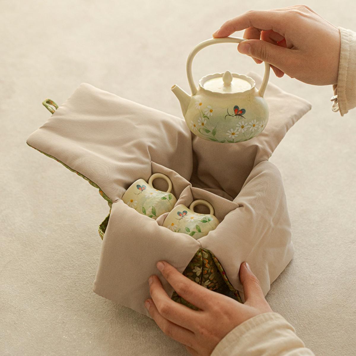 Hand-Painted Oil Daisy Ceramic Tea Set – 150ml Teapot, 2 Cups & Portable Carrying Pouch, Ideal for Afternoon Tea, Office & Gifts - Image 8