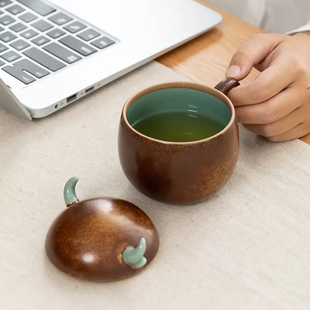 Longquan Celadon Tea Mug – Handmade Ceramic Cup with Oxhorn Lid, Perfect Gift - Image 5