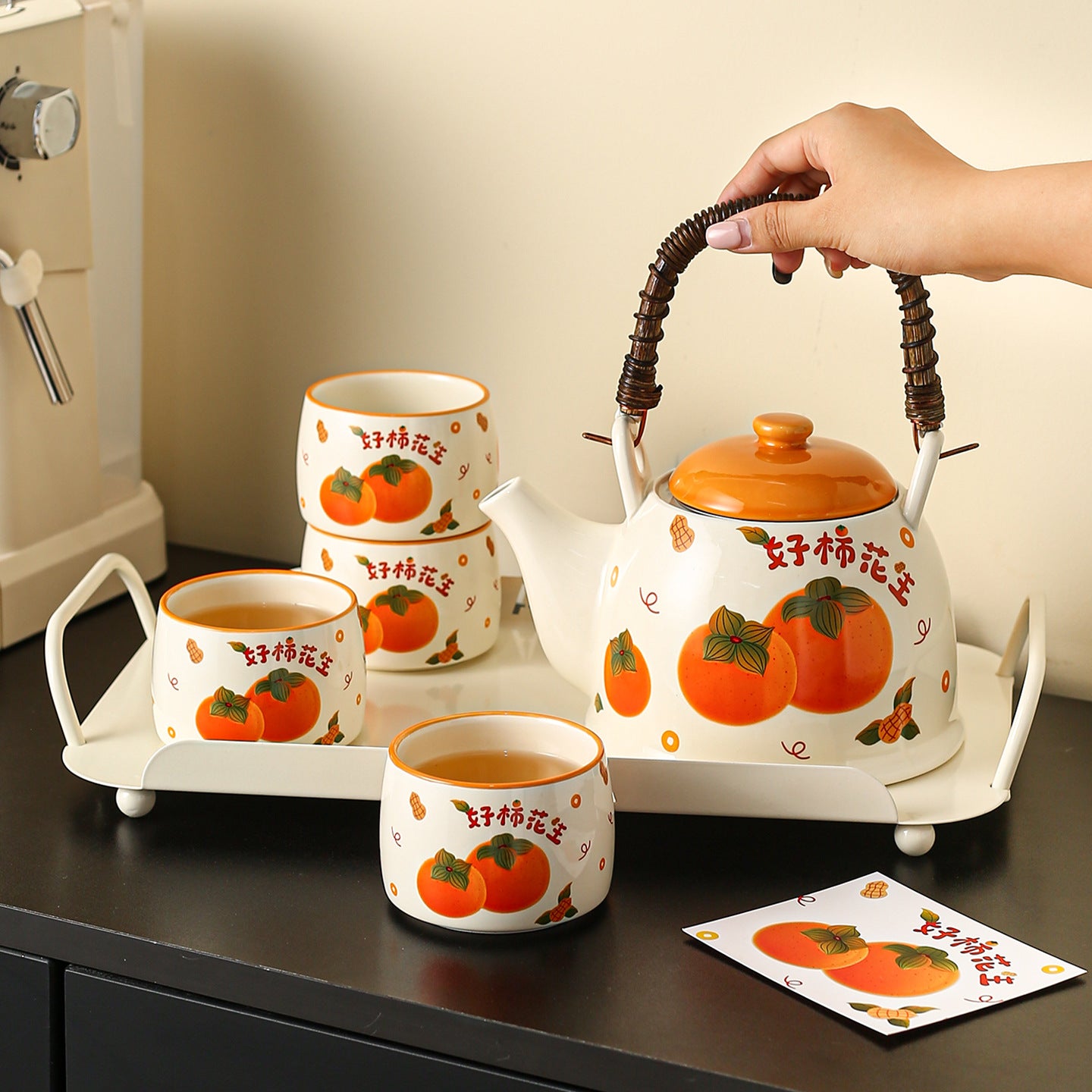 Good Fortune Ceramic Tea Set – 1150ml Teapot with 4 Cups, Tray & Gift Box - Image 4