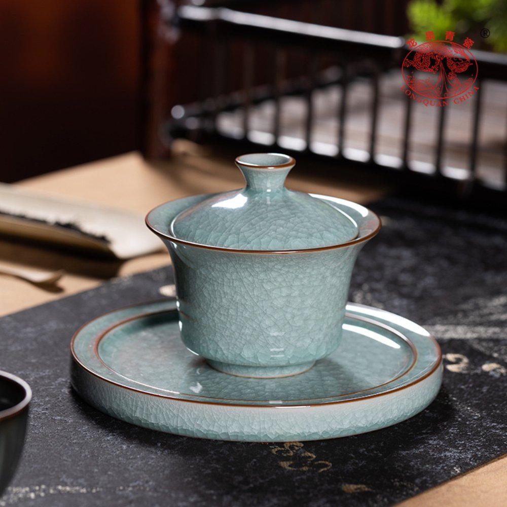 Large Longquan Celadon Ice-Crystal Gaiwan with Tray (San Cai) – 170ML Gift Box Set - Image 2
