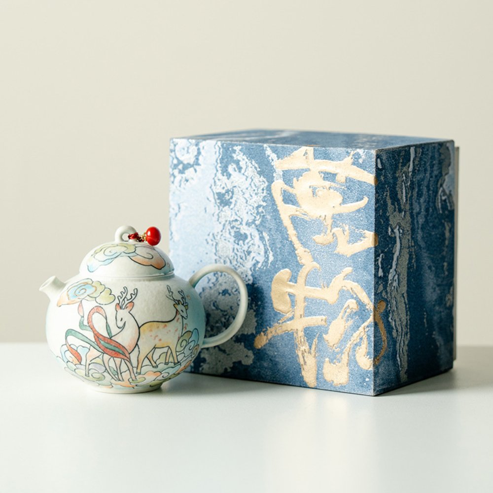 Hand-Painted Cloud Deer Round Belly Teapot Gift Set – 5 fl oz Ceramic Teapot with Built-In Strainer - Image 5