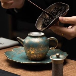 Evergreen Glaze Ceramic Teapot with Vintage Gold Accents – 5.4oz (160ML) Handcrafted Tea Kettle