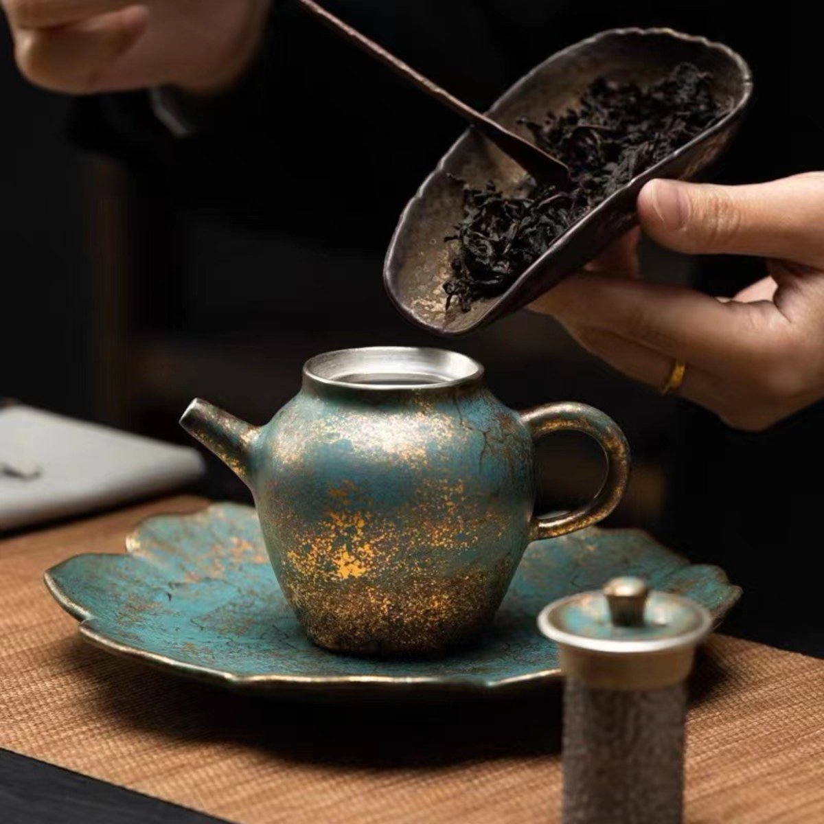 Evergreen Glaze Ceramic Teapot with Vintage Gold Accents – 5.4oz (160ML) Handcrafted Tea Kettle
