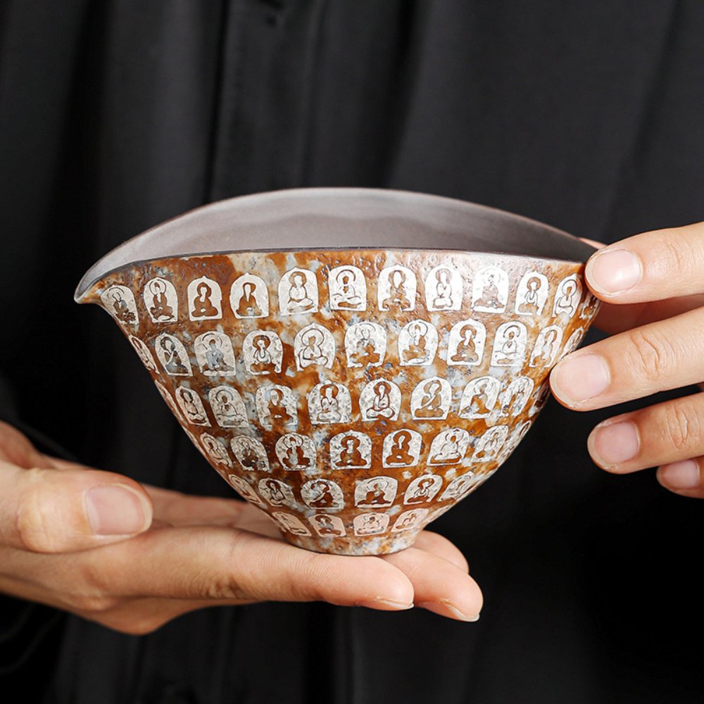 Vintage Thousand Buddha Ceramic Fairness Cup with Silver Accent – Handcrafted Gongfu Tea Pitcher - Image 2