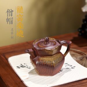 Six-Sided Monk Hat Yixing Zisha Teapot – Wood-Fired Duan Ni Clay, Hand-Carved Sutra, 290ml / 9.8oz