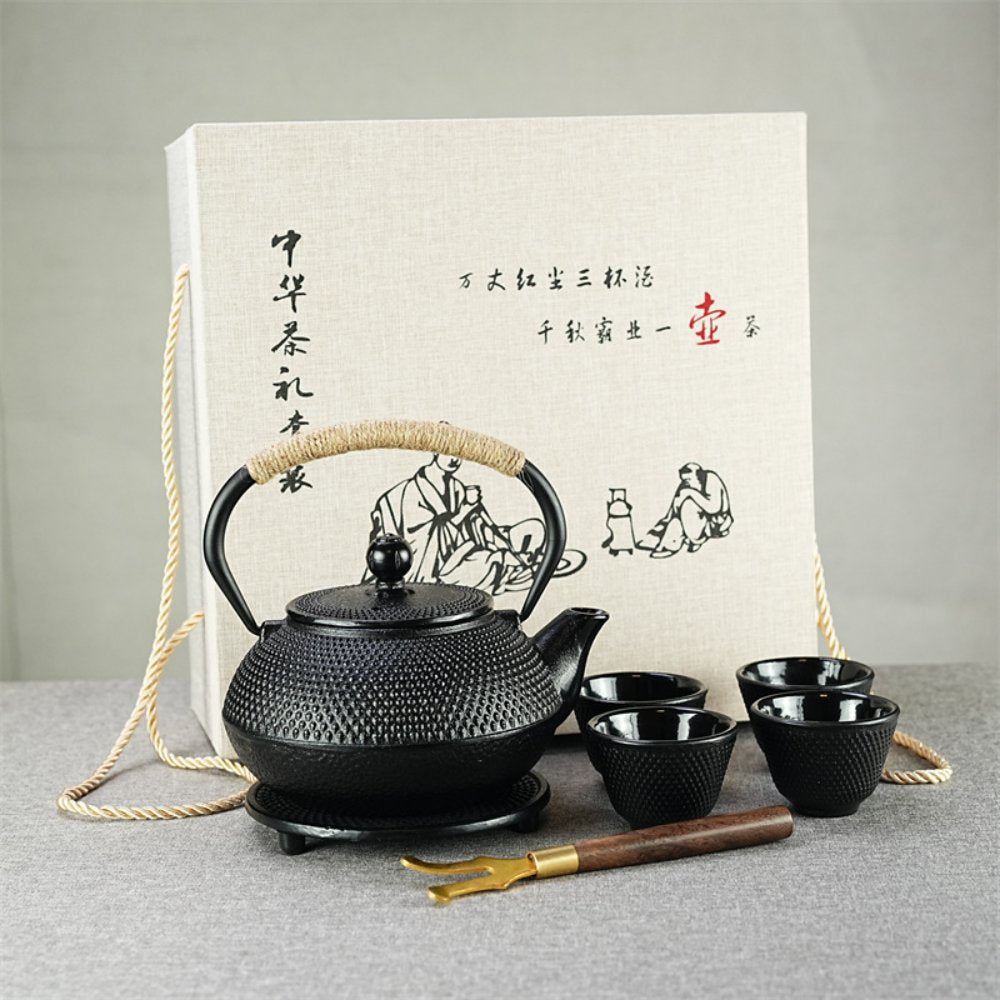 Black Cast Iron Tea Set – 900ml Teapot with Trivet, 4 Cups, Infuser & Gift Box - Image 2