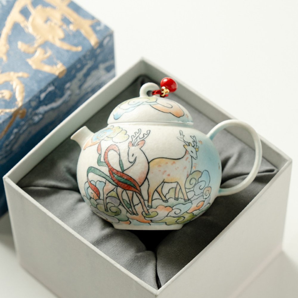 Hand-Painted Cloud Deer Round Belly Teapot Gift Set – 5 fl oz Ceramic Teapot with Built-In Strainer - Image 4