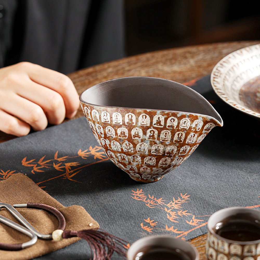 Vintage Thousand Buddha Ceramic Fairness Cup with Silver Accent – Handcrafted Gongfu Tea Pitcher - Image 3