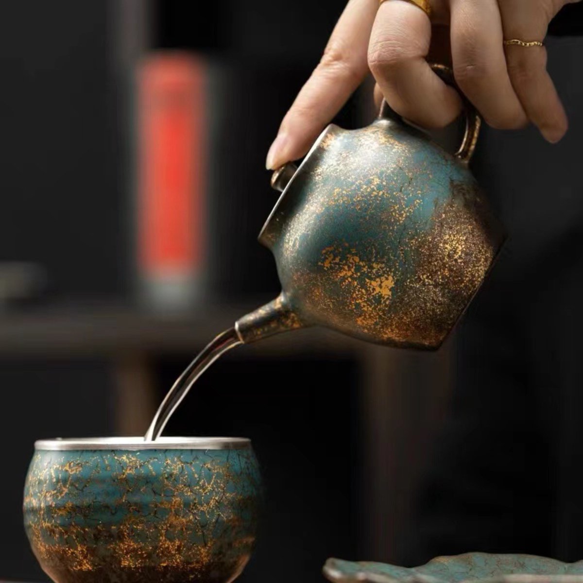 Evergreen Glaze Ceramic Teapot with Vintage Gold Accents – 5.4oz (160ML) Handcrafted Tea Kettle - Image 5