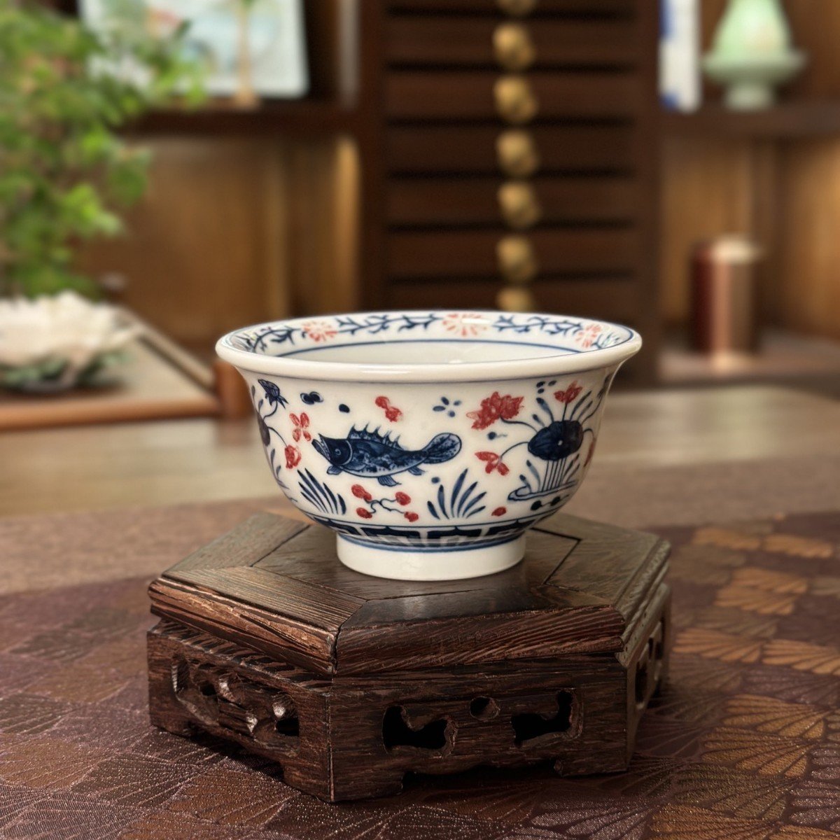 Hand-Painted Fish & Algae Pattern Blue & White with Red Glaze Master Tea Cup – Classic Chinese Gongfu Tea Cup - Image 3