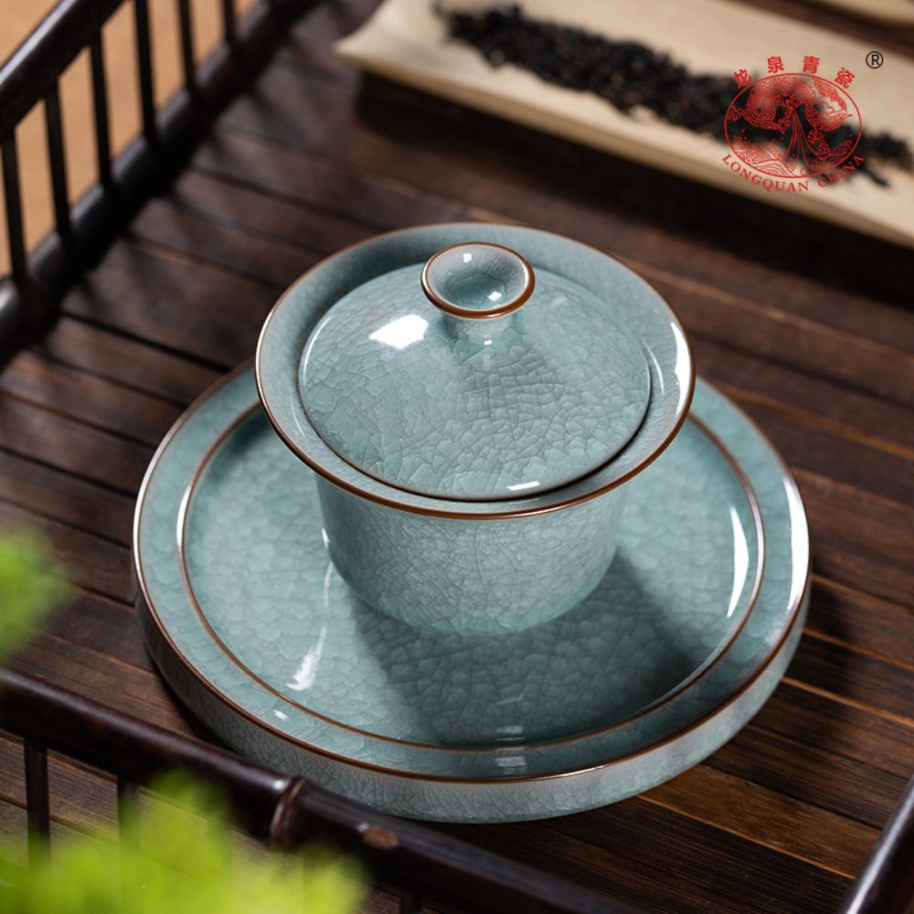 Large Longquan Celadon Ice-Crystal Gaiwan with Tray (San Cai) – 170ML Gift Box Set - Image 3