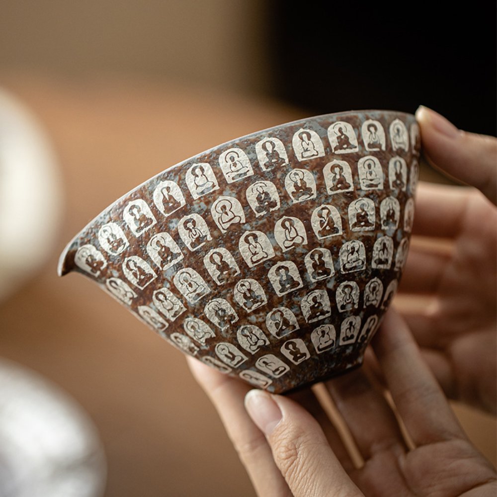 Vintage Thousand Buddha Ceramic Fairness Cup with Silver Accent – Handcrafted Gongfu Tea Pitcher - Image 5