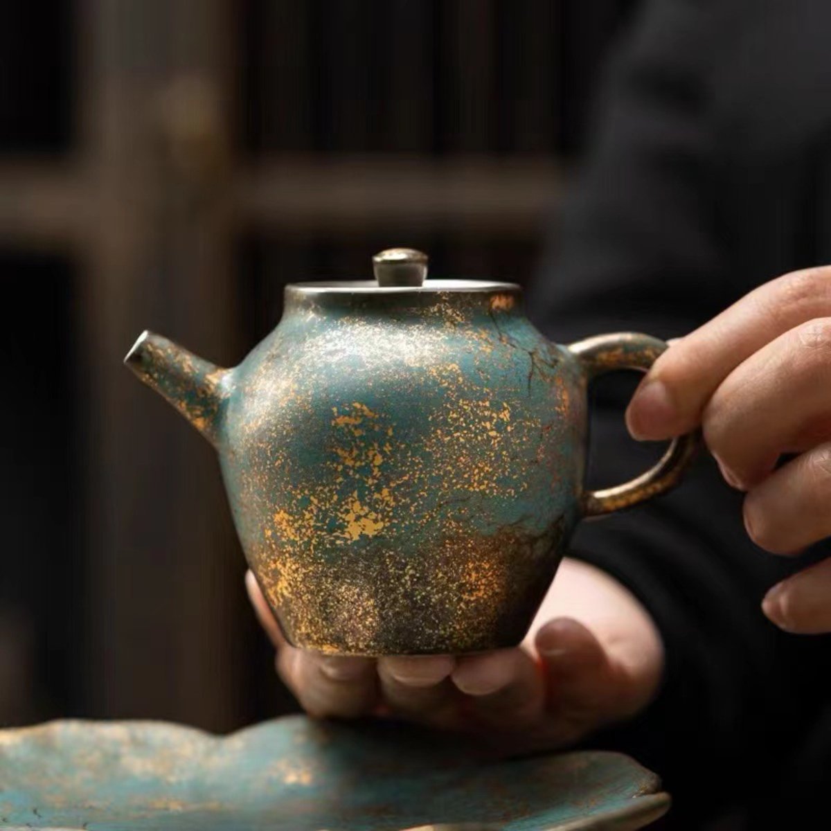 Evergreen Glaze Ceramic Teapot with Vintage Gold Accents – 5.4oz (160ML) Handcrafted Tea Kettle - Image 2