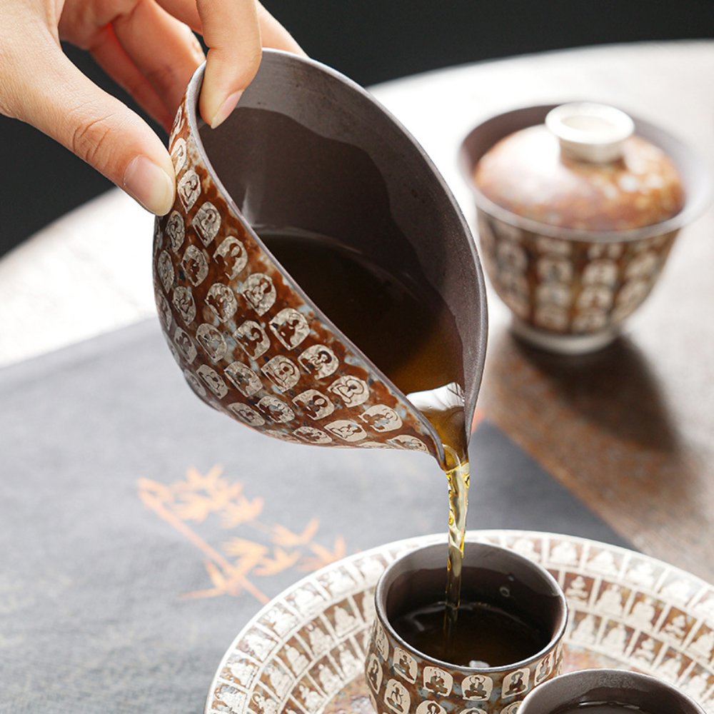 Vintage Thousand Buddha Ceramic Fairness Cup with Silver Accent – Handcrafted Gongfu Tea Pitcher - Image 4