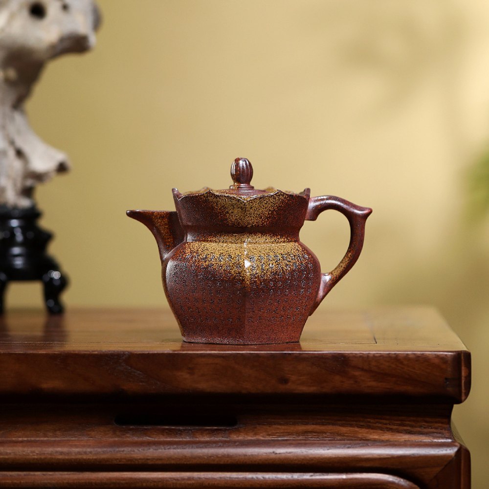 Six-Sided Monk Hat Yixing Zisha Teapot – Wood-Fired Duan Ni Clay, Hand-Carved Sutra, 290ml / 9.8oz - Image 3