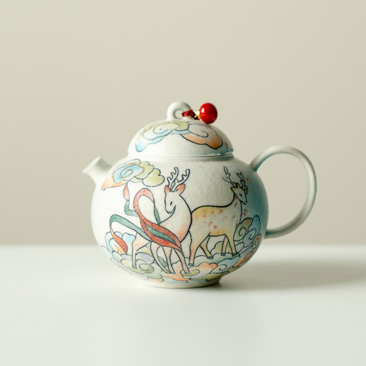 Hand-Painted Cloud Deer Round Belly Teapot Gift Set – 5 fl oz Ceramic Teapot with Built-In Strainer - Image 2