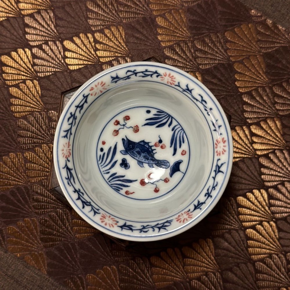 Hand-Painted Fish & Algae Pattern Blue & White with Red Glaze Master Tea Cup – Classic Chinese Gongfu Tea Cup - Image 4