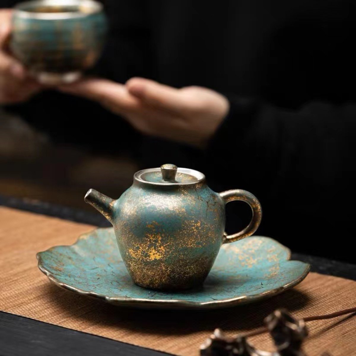 Evergreen Glaze Ceramic Teapot with Vintage Gold Accents – 5.4oz (160ML) Handcrafted Tea Kettle - Image 3