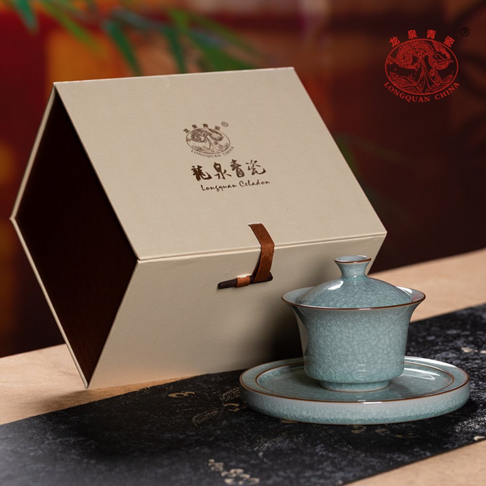 Large Longquan Celadon Ice-Crystal Gaiwan with Tray (San Cai) – 170ML Gift Box Set - Image 5