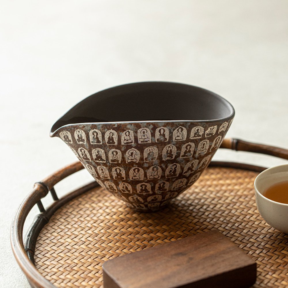 Vintage Thousand Buddha Ceramic Fairness Cup with Silver Accent – Handcrafted Gongfu Tea Pitcher - Image 9