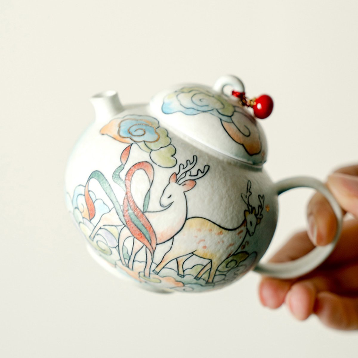 Hand-Painted Cloud Deer Round Belly Teapot Gift Set – 5 fl oz Ceramic Teapot with Built-In Strainer - Image 3