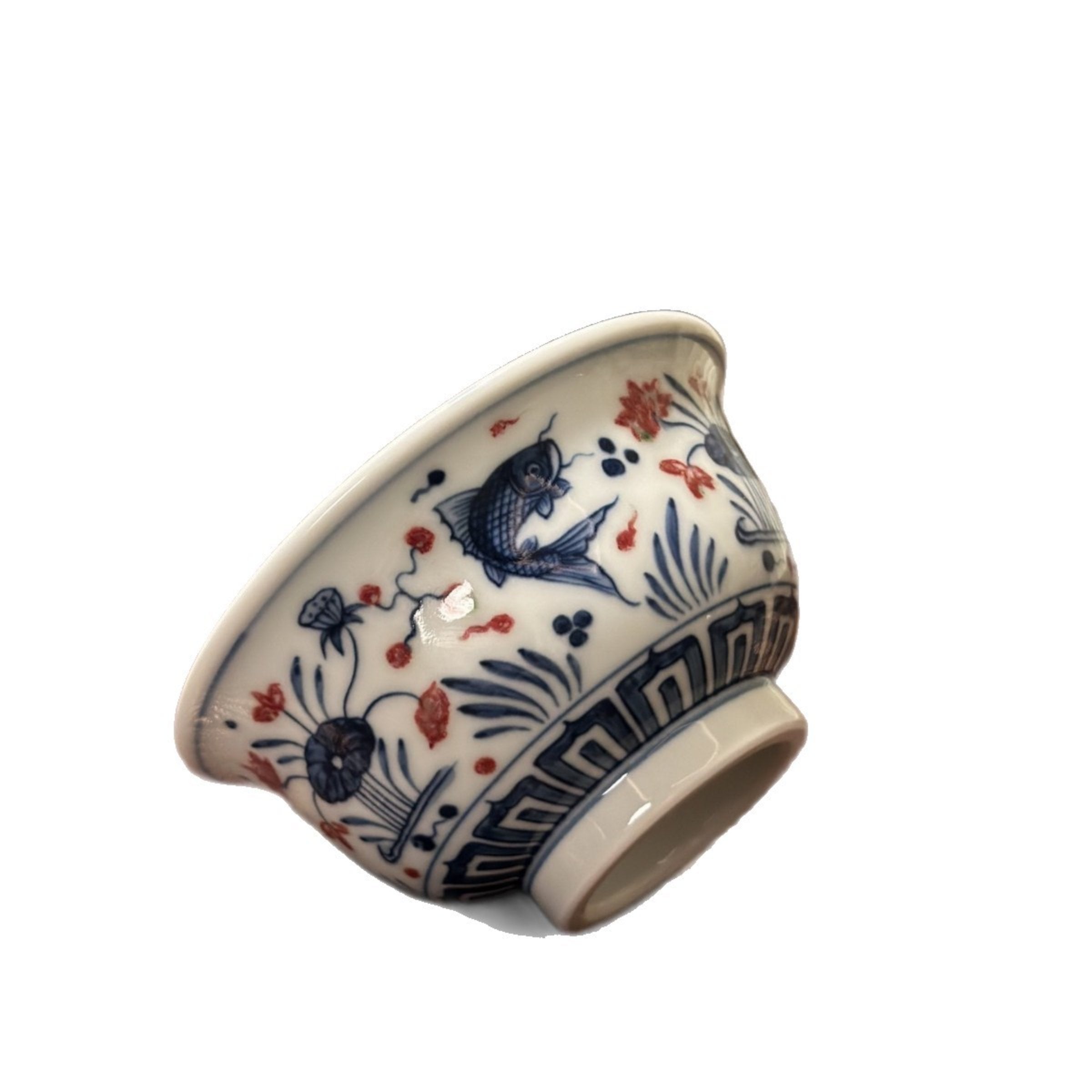 Hand-Painted Fish & Algae Pattern Blue & White with Red Glaze Master Tea Cup – Classic Chinese Gongfu Tea Cup - Image 5