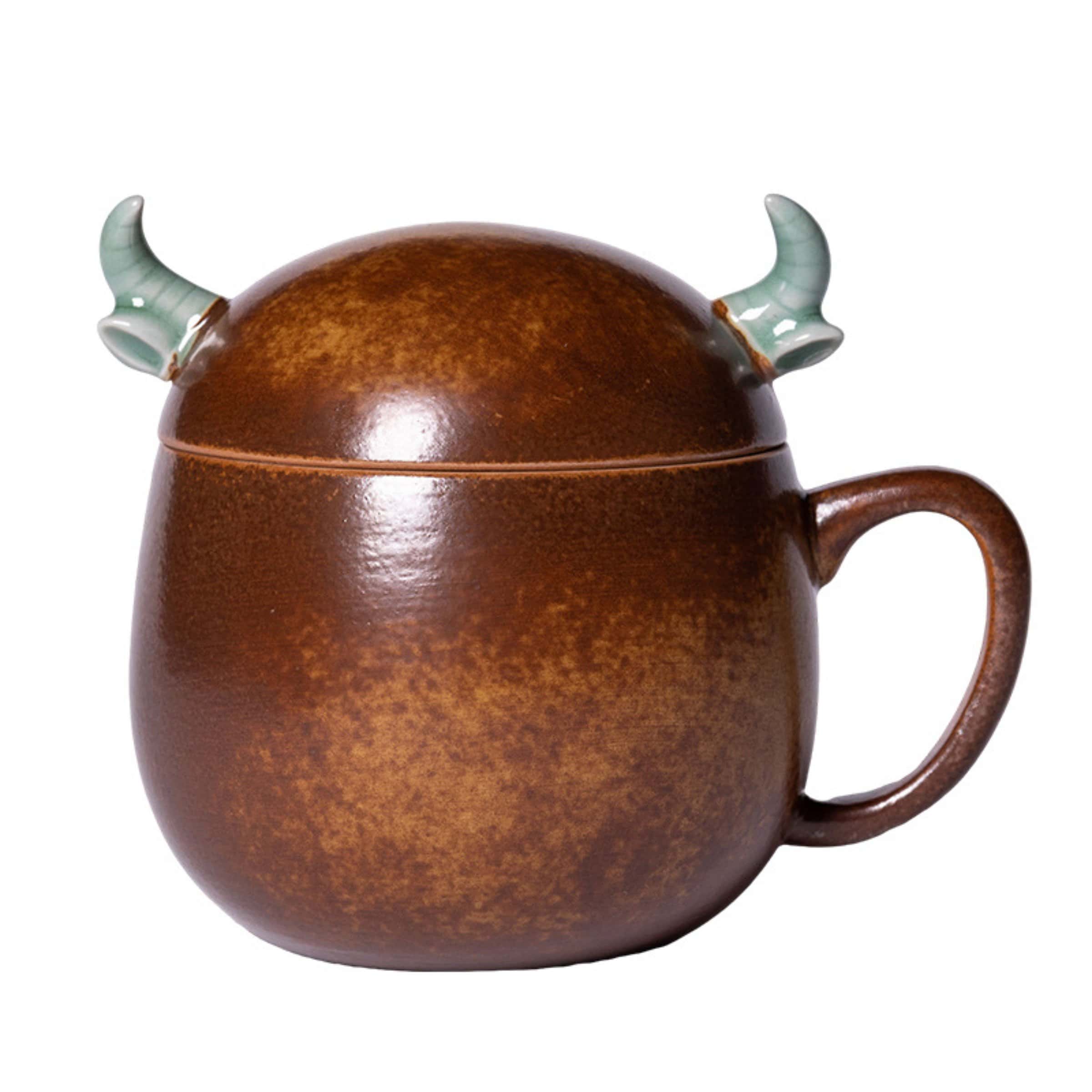 Longquan Celadon Tea Mug – Handmade Ceramic Cup with Oxhorn Lid, Perfect Gift