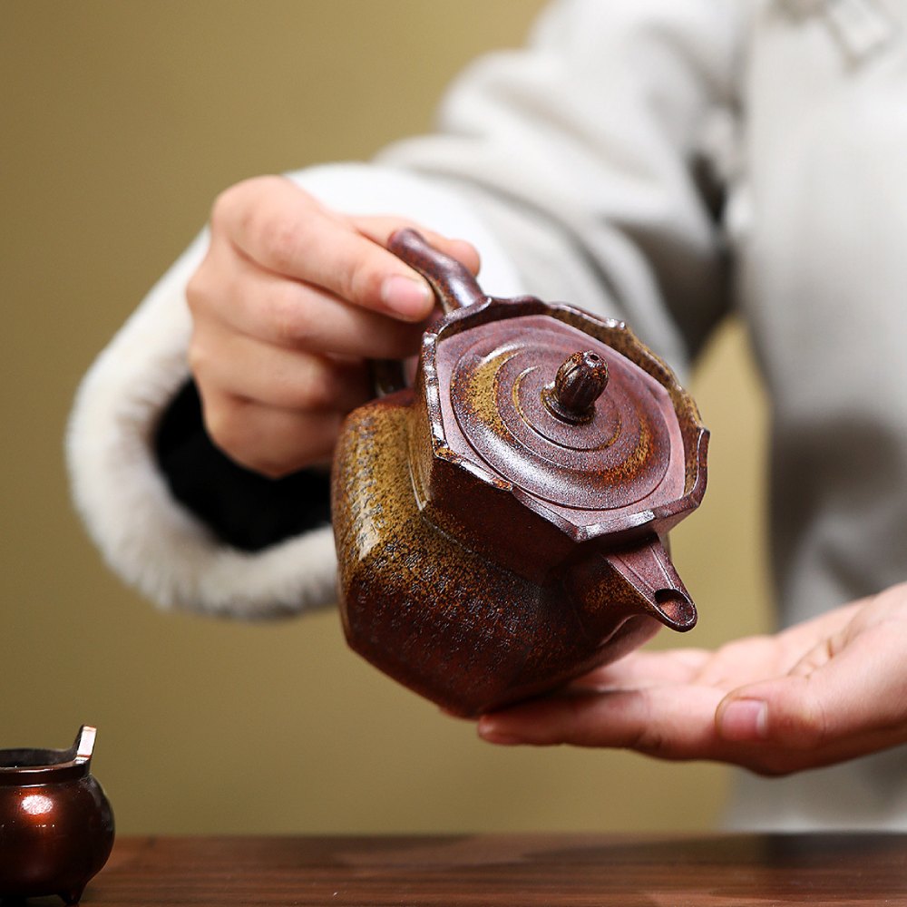 Six-Sided Monk Hat Yixing Zisha Teapot – Wood-Fired Duan Ni Clay, Hand-Carved Sutra, 290ml / 9.8oz - Image 4