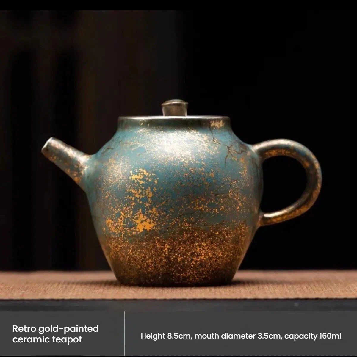 Evergreen Glaze Ceramic Teapot with Vintage Gold Accents – 5.4oz (160ML) Handcrafted Tea Kettle - Image 4