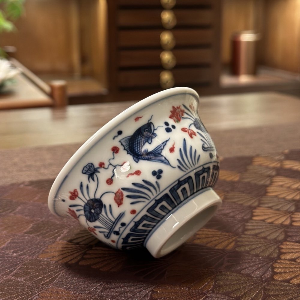 Hand-Painted Fish & Algae Pattern Blue & White with Red Glaze Master Tea Cup – Classic Chinese Gongfu Tea Cup - Image 2