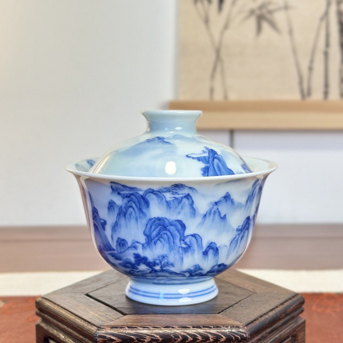 Hand-Painted Blue & White Gaiwan Tea Set – Jingdezhen Gongfu Porcelain (3-Piece) - Image 2